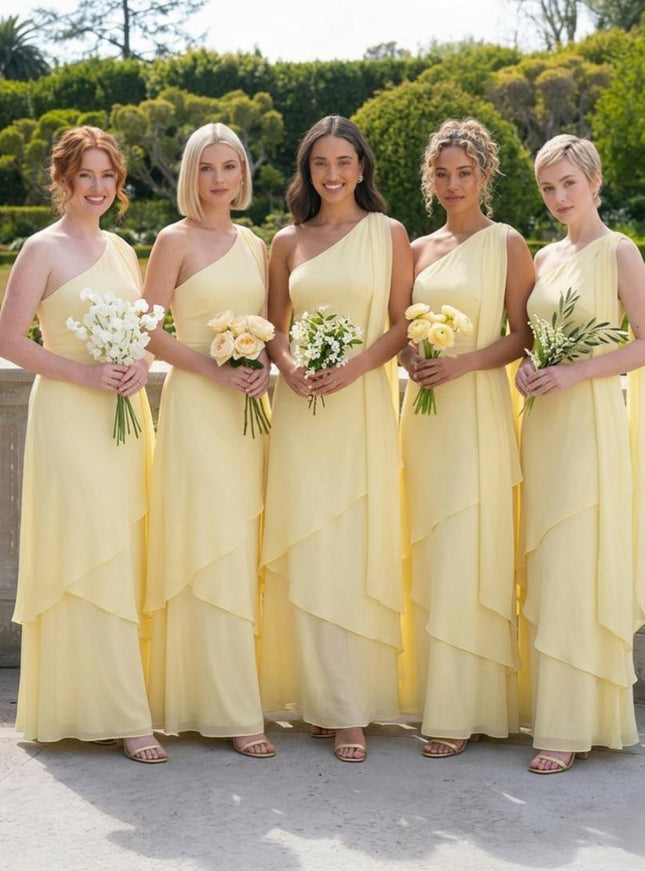 One Shoulder Chiffon Pleated Long Bridesmaid Dresses