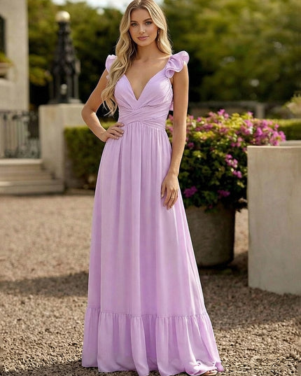 V Neck Backless Bridesmaid Dresses with Ruffles Chiffon