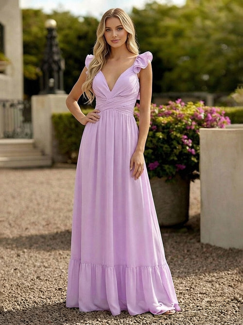 V Neck Backless Bridesmaid Dresses with Ruffles Chiffon
