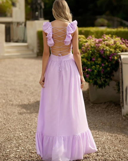 V Neck Backless Bridesmaid Dresses with Ruffles Chiffon