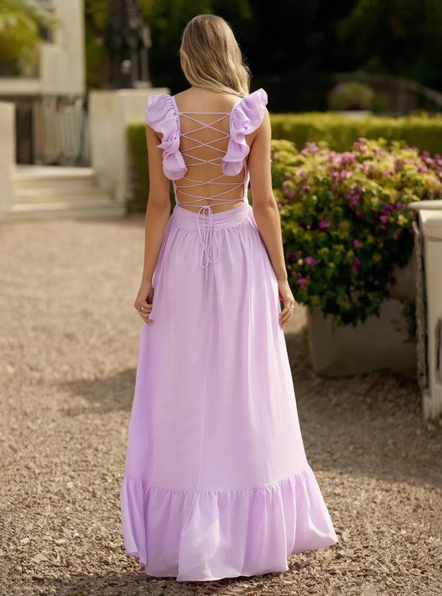 V Neck Backless Bridesmaid Dresses with Ruffles Chiffon