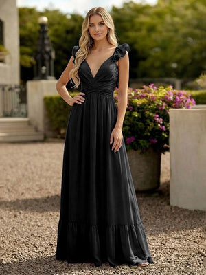 V Neck Backless Bridesmaid Dresses with Ruffles Chiffon