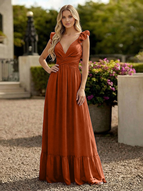 V Neck Backless Bridesmaid Dresses with Ruffles Chiffon