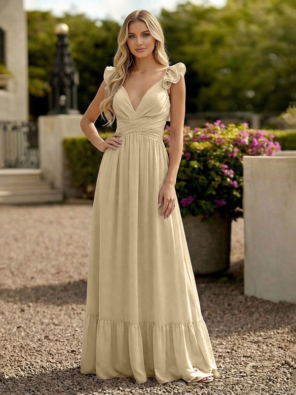 V Neck Backless Bridesmaid Dresses with Ruffles Chiffon