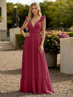 V Neck Backless Bridesmaid Dresses with Ruffles Chiffon
