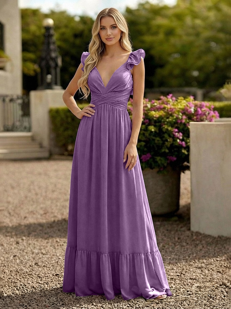 V Neck Backless Bridesmaid Dresses with Ruffles Chiffon