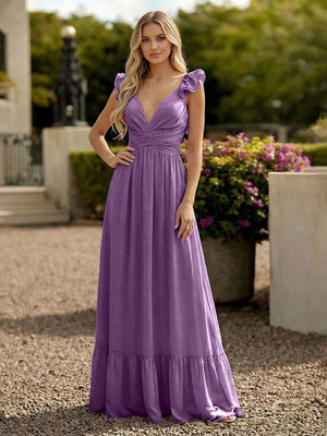 V Neck Backless Bridesmaid Dresses with Ruffles Chiffon