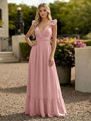 V Neck Backless Bridesmaid Dresses with Ruffles Chiffon