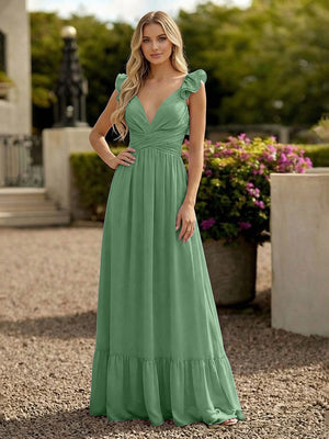 V Neck Backless Bridesmaid Dresses with Ruffles Chiffon