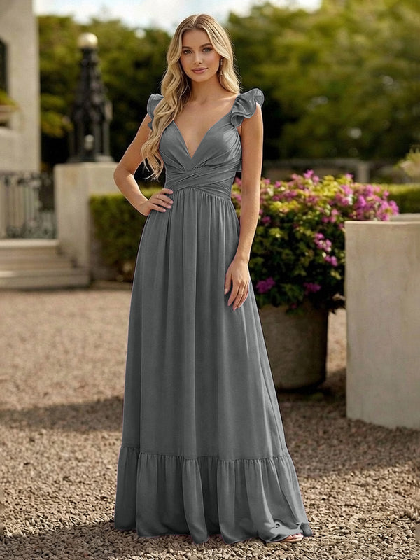 V Neck Backless Bridesmaid Dresses with Ruffles Chiffon