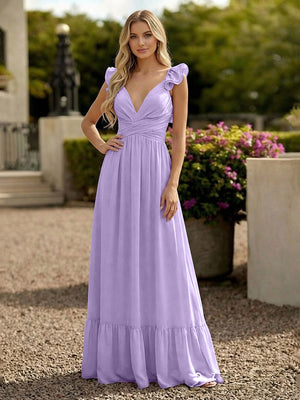 V Neck Backless Bridesmaid Dresses with Ruffles Chiffon