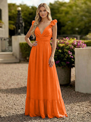 V Neck Backless Bridesmaid Dresses with Ruffles Chiffon