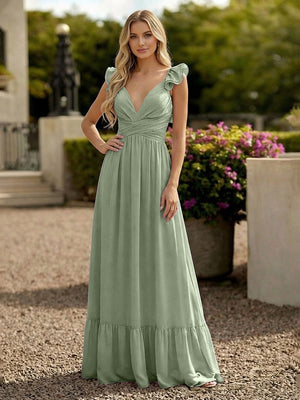 V Neck Backless Bridesmaid Dresses with Ruffles Chiffon