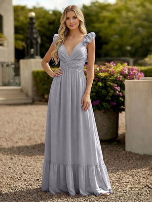 V Neck Backless Bridesmaid Dresses with Ruffles Chiffon