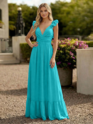 V Neck Backless Bridesmaid Dresses with Ruffles Chiffon
