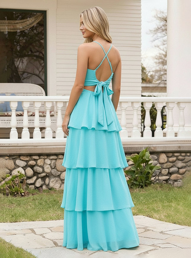 Spaghetti Straps Bridesmaid Dresses Chiffon Layered Maxi Dresses