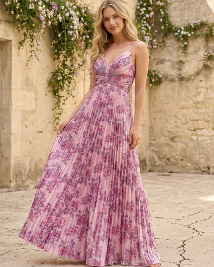 Spaghetti Straps Floral Bridesmaid Dresses with Pleats