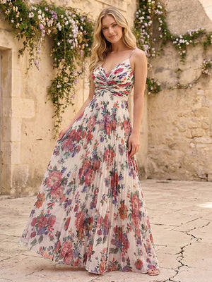 Spaghetti Straps Floral Formal Dresses with Pleats