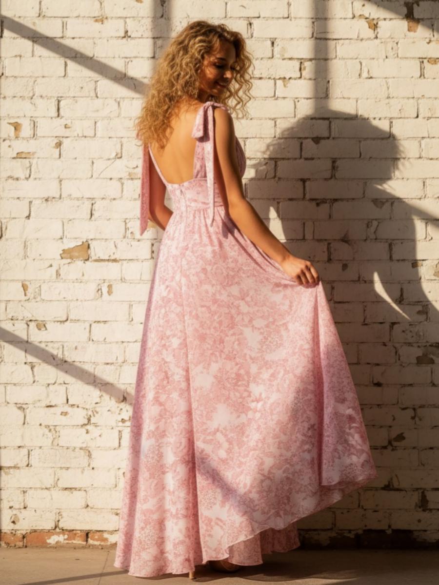 Spaghetti Straps Floral Chiffon Formal Dresses