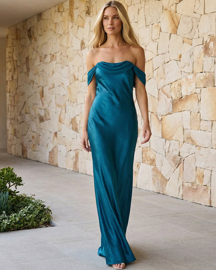 Off Shoulder Pleated Satin Bridesmaid Dresses Maxi Dresses