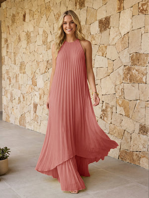 Halter Pleated Chiffon Formal Dresses A Line Maxi Dresses
