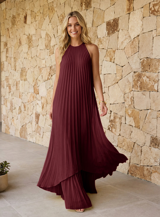 Halter Pleated Chiffon Bridesmaid Dresses A Line Maxi Dresses