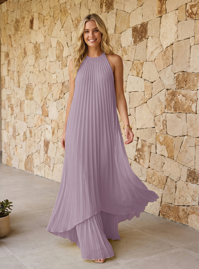 Halter Pleated Chiffon Bridesmaid Dresses A Line Maxi Dresses
