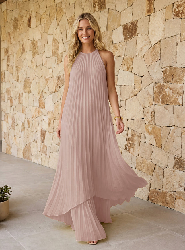 Halter Pleated Chiffon Bridesmaid Dresses A Line Maxi Dresses