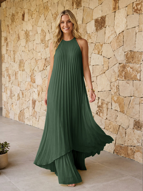 Halter Pleated Chiffon Formal Dresses A Line Maxi Dresses