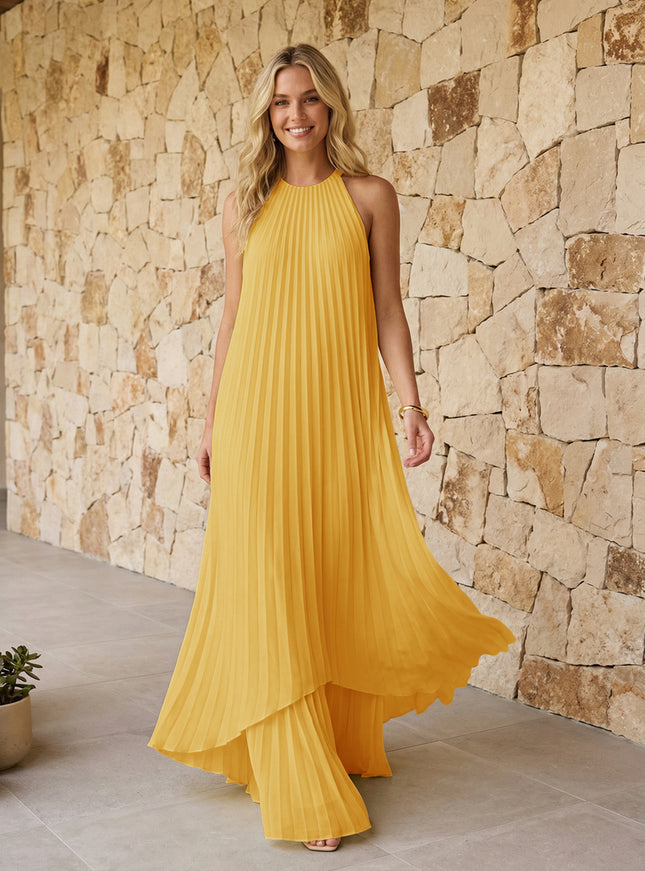 Halter Pleated Chiffon Bridesmaid Dresses A Line Maxi Dresses