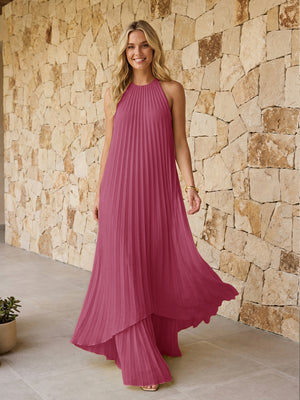 Halter Pleated Chiffon Formal Dresses A Line Maxi Dresses