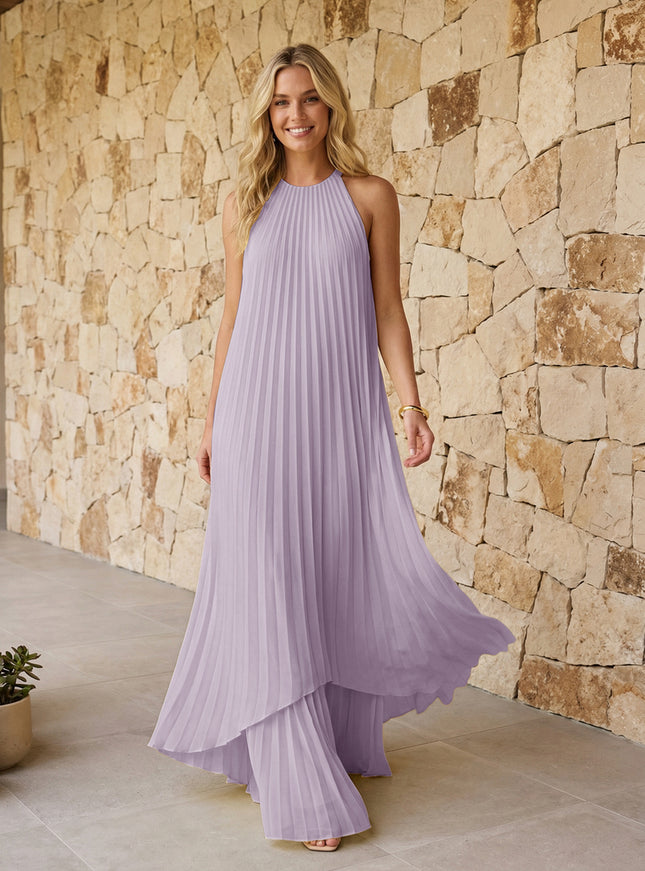 Halter Pleated Chiffon Bridesmaid Dresses A Line Maxi Dresses