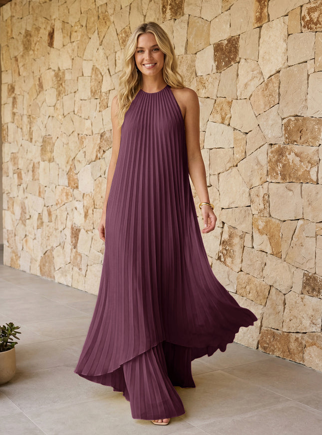 Halter Pleated Chiffon Bridesmaid Dresses A Line Maxi Dresses