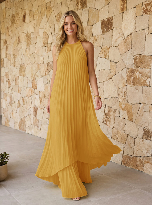 Halter Pleated Chiffon Bridesmaid Dresses A Line Maxi Dresses