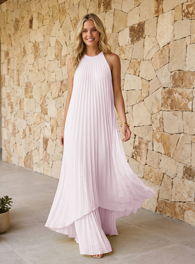 Halter Pleated Chiffon Bridesmaid Dresses A Line Maxi Dresses