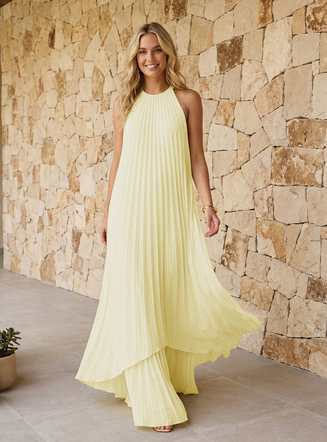 Halter Pleated Chiffon Bridesmaid Dresses A Line Maxi Dresses