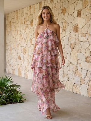 Halter Floral Chiffon Bridesmaid Dresses Layered
