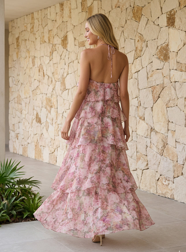 Halter Floral Chiffon Bridesmaid Dresses Layered