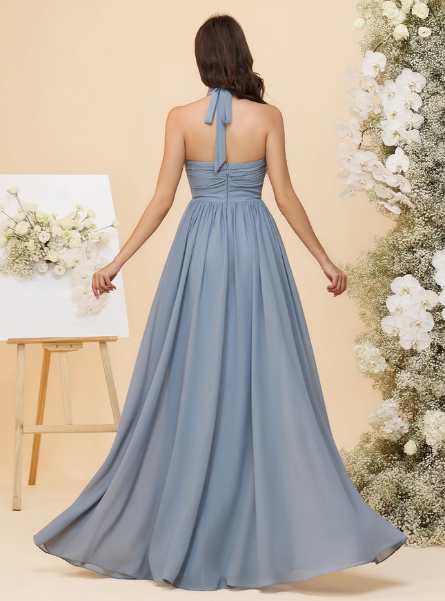 Lightweight Chiffon Halter Layered Ruffles Ruched Waist A-Line Pleated Maxi Bridesmaid Dresses with Slit
