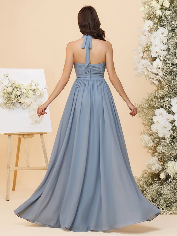 Lightweight Chiffon Halter Layered Ruffles Ruched Waist A-Line Pleated Maxi Bridesmaid Dresses with Slit