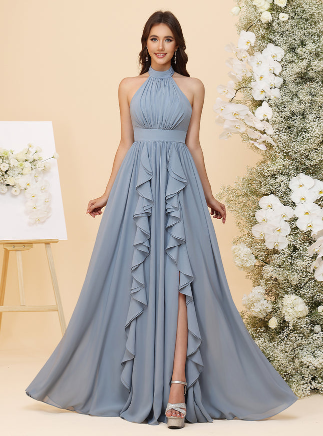 Lightweight Chiffon Halter Layered Ruffles Ruched Waist A-Line Pleated Maxi Bridesmaid Dresses with Slit