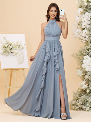 Lightweight Chiffon Halter Layered Ruffles Ruched Waist A-Line Pleated Maxi Bridesmaid Dresses with Slit