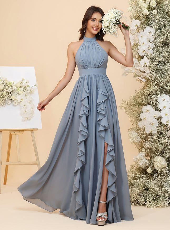 Lightweight Chiffon Halter Layered Ruffles Ruched Waist A-Line Pleated Maxi Bridesmaid Dresses with Slit