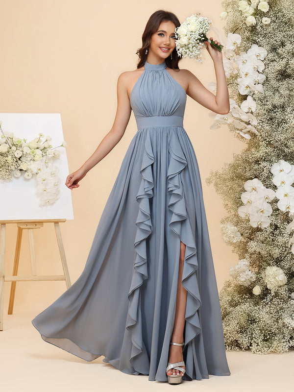 Lightweight Chiffon Halter Layered Ruffles Ruched Waist A-Line Pleated Maxi Bridesmaid Dresses with Slit