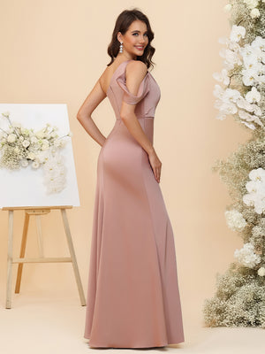 Elegant Satin One Shoulder Ruched Waist Sheath Maxi Bridesmaid Dresses