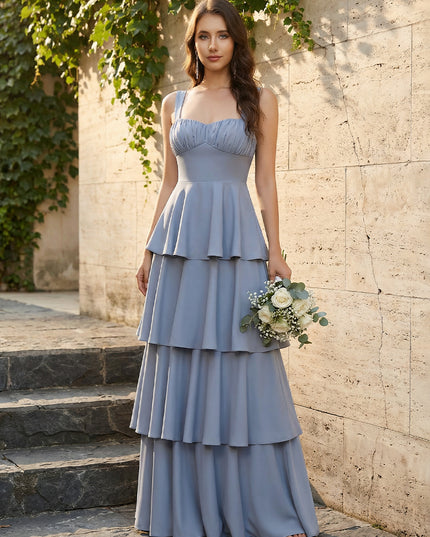 Sweetheart Lightweight Chiffon Blend Ruched Waist Tiered Ruffles Maxi Bridesmaid Dresses with Bow