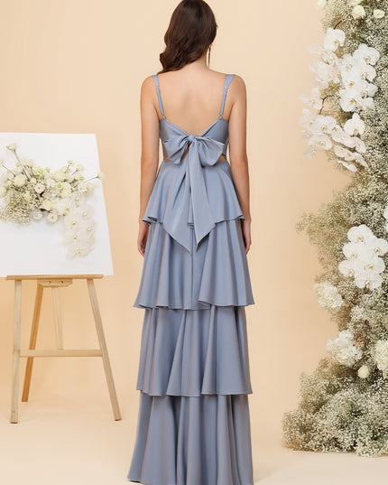 Sweetheart Lightweight Chiffon Blend Ruched Waist Tiered Ruffles Maxi Bridesmaid Dresses with Bow