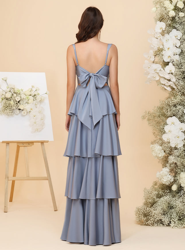 Sweetheart Lightweight Chiffon Blend Ruched Waist Tiered Ruffles Maxi Bridesmaid Dresses with Bow