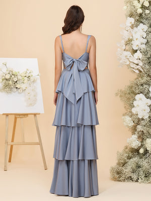 Sweetheart Lightweight Chiffon Blend Ruched Waist Tiered Ruffles Maxi Bridesmaid Dresses with Bow