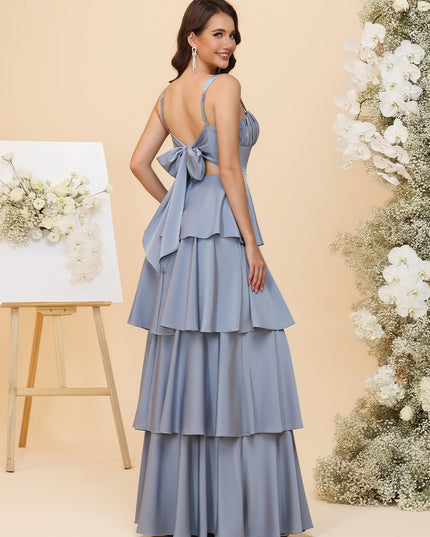 Sweetheart Lightweight Chiffon Blend Ruched Waist Tiered Ruffles Maxi Bridesmaid Dresses with Bow